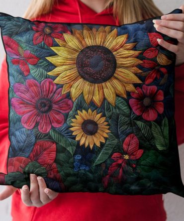 Rustic Sunflower Quilted Pillow Cover - Country Farmhouse Decorative Pillowcase For Sofa & Bed, Warm Autumn Accent
