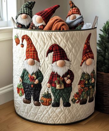 Rustle The Gnome Quilted Storage Hamper — Charming Cottage-Style Laundry Basket With Handles For Rustic, Cottagecore & Farmhouse Décor