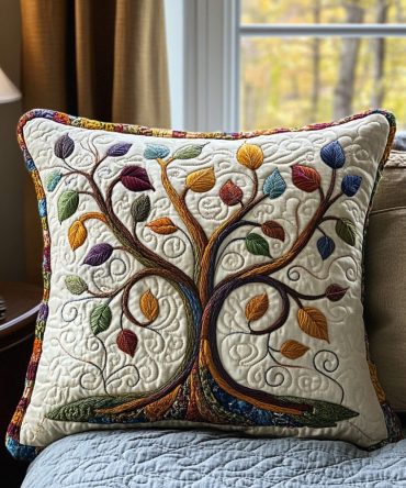 Sacred Branches Quilted Decorative Pillow Case — Tranquil Tree Motif Throw Pillow Cover For Yoga, Meditation & Home Retreats