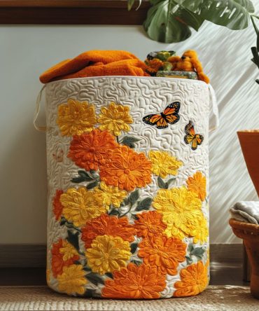 Sacred Marigold Quilted Laundry Hamper — Bright Floral Quilted Fabric Basket, Collapsible & Machine-Washable With Durable Handles For Everyday Use