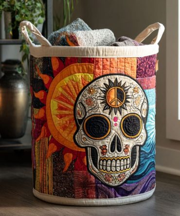 Sacred Skull Quilted Hamper — Bold Sugar Skull Laundry Basket, Heavy-Duty Fabric & Lined Interior, Foldable Storage For Home
