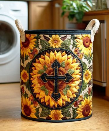 Sacred Sunflower Quilted Laundry Hamper — Large Collapsible Decorative Fabric Basket With Sturdy Handles, Stylish Home & Nursery Storage