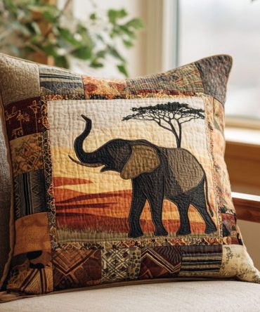 Sacred Wanderer Quilted Decorative Pillow Cover — Nomadic Elephant Motif, Luxurious Quilting For Texture, Resilient & Machine-Washable Accent Case