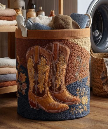 Saddle Sunset Quilted Laundry Hamper — Western Sunset Pattern Foldable Washable Laundry Basket For Country & Ranch Style Rooms