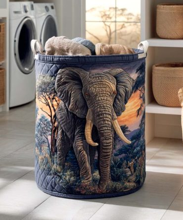 Safari Elephant Quilted Laundry Hamper – Playful Elephant Motif, Large Collapsible Basket With Reinforced Handles For Kids' Rooms & Home Storage