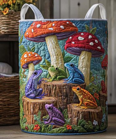 Vibrant Safari Mushroom Quilted Laundry Hamper — Boho Psychedelic Storage Basket For Bedroom, Collapsible & Durable