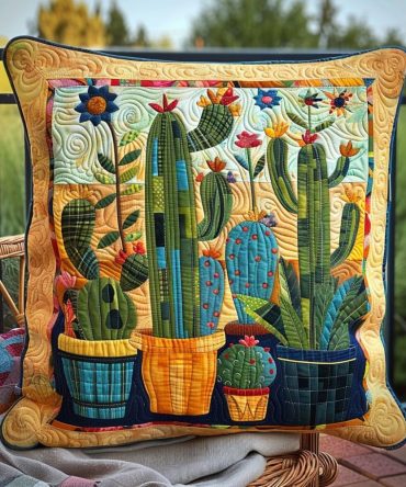 Saguaro Sanctuary Quilted Pillow Cover — Desert Cactus Throw Pillowcase, Textured Quilt Accent For Sofa & Patio