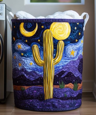 Saguaro Silhouette Quilted Laundry Hamper — Large Stylish Fabric Basket, Collapsible & Washable Laundry Organizer With Strong Handles