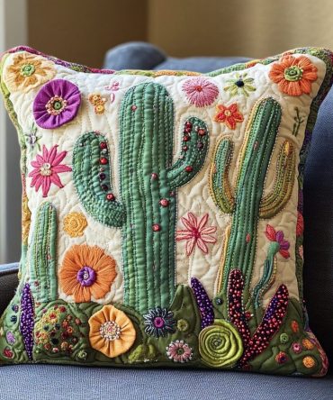Saguaro Style Quilted Pillow Cover — Southwestern Cactus Accent Decorative Throw For Modern Rustic & Boho Living Spaces