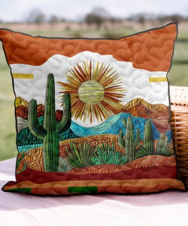 Saguaro Sunset Quilted Throw Pillow Cover — Southwest Cactus Motif In Cotton-Blend For Warm, Rustic Living & Patio Spaces