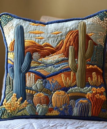 Saguaro Sunset Quilted Pillow Cover — Desert Sunset Cactus Throw Pillowcase, Warm Accent For Cozy Southwestern & Boho Rooms