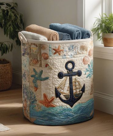 Sailors Compass Quilted Laundry Basket Hamper – Maritime Compass Print Foldable Laundry Bin, Quilted Durable Organizer For Nautical Rooms & Dorms