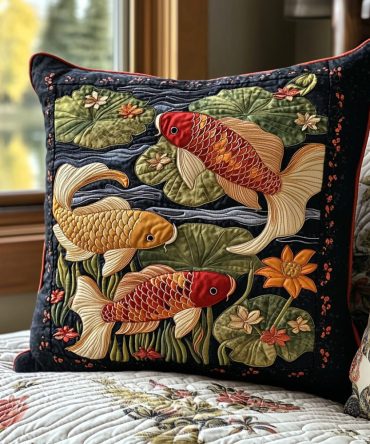 Sakura Swim Quilted Pillow Cover — Cherry Blossom & Koi Motif Decorative Case, Soft Quilted Accent For Bed, Sofa & Gift-Giving