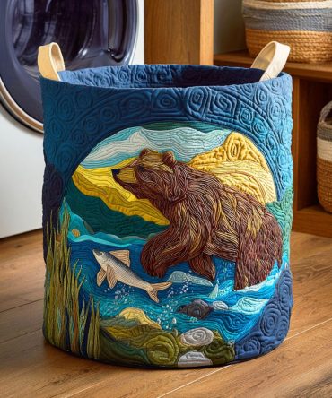 Salmon Bear Quilted Laundry Hamper - Large Collapsible Washable Fabric Storage Basket For Nursery, Bedroom & Kids' Clothes