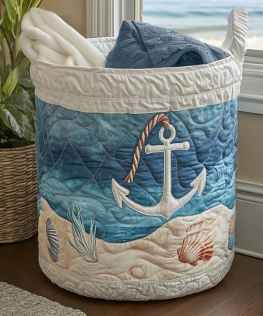 Saltwater Spirit Quilted Laundry Basket Hamper – Coastal Nautical Design Foldable Clothes Bin, Quilted Lightweight Organizer For Beach House & Home