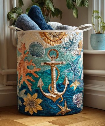 Salty Air Quilted Fabric Laundry Hamper – Large Coastal Collapsible Laundry Basket With Handles, Durable Seaside-Inspired Storage