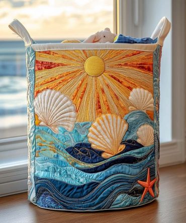 Salty Shell Sunset Quilted Fabric Hamper – Trendy Collapsible Laundry Basket With Durable Handles, Beach-Inspired Storage For Home & Cottage