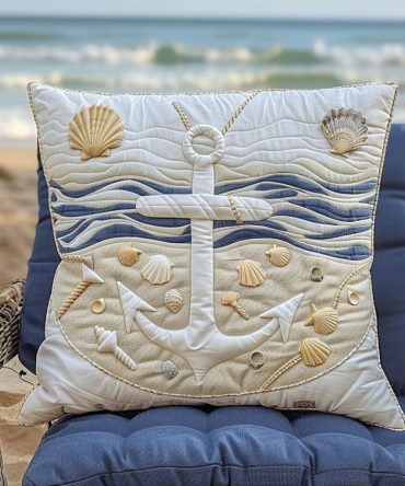 Sandy Anchor Quilted Cushion Cover — Beach-Themed Throw Pillow Accent, Neutral Coastal Colors, Soft Quilted Texture