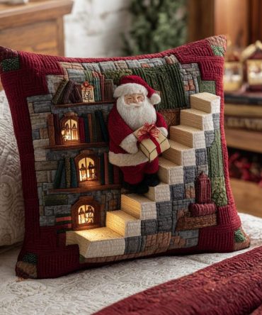 Santa Descent Quilted Pillow Cover - Festive Cotton Throw Pillowcase Featuring Santa Silhouette For Holiday Mantel & Cozy Decor