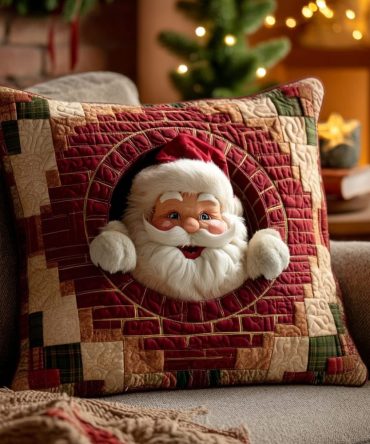 Whimsical Santa Quilted Pillow Cover — Festive Christmas Throw Pillowcase With Embroidered Details, Soft Fill, Perfect Holiday Gift