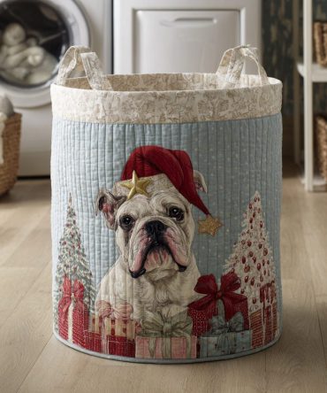 Santa Bulldog Gift Quilted Laundry Hamper — Festive Holiday Bulldog Quilted Storage Basket, Foldable & Washable With Handles