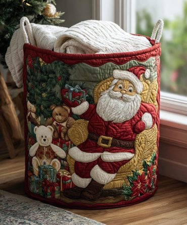 Santa Cheer Quilted Holiday Laundry Hamper – Festive Decorative Fabric Basket With Easy-Carry Handles, Collapsible Storage For Gifts