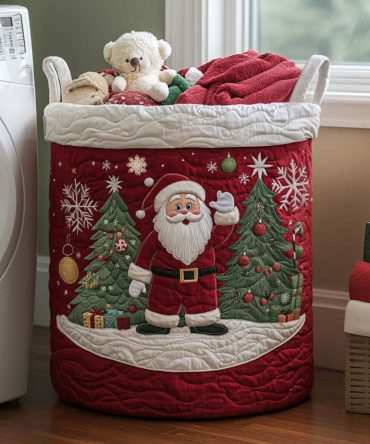 Santa Cheer Quilted Holiday Laundry Hamper — Festive Christmas Fabric Basket, Collapsible Gift-Ready Laundry Storage For Home
