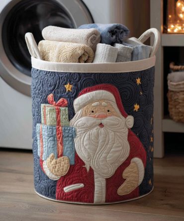 Santa With Gifts Quilted Laundry Hamper — Cheerful Gift-Scene Foldable Basket, Spacious Capacity, Reinforced Handles & Easy Storage