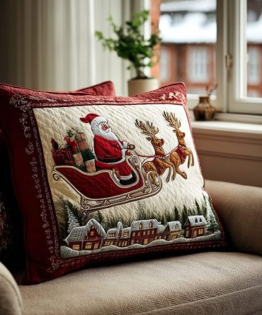 Santa Dream Quilted Throw Pillow Cover — Festive Stitched Square Pillowcase Featuring Classic Santa Illustration For Holiday Home Styling