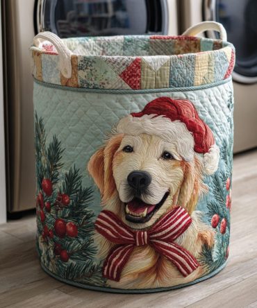 Santa Golden Retriever Quilted Laundry Hamper - Festive Foldable Fabric Basket With Handles For Pet-Lover Holiday Decor & Storage