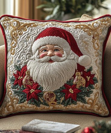 Santa Holiday Cheer Quilted Festive Pillow Cover - Christmas Santa Scene, Premium Holiday Throw Pillowcase For Seasonal Home Decorating