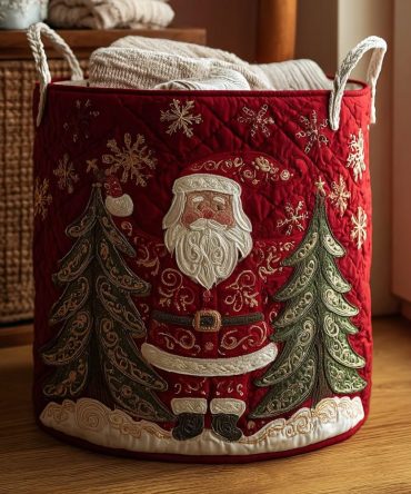Joyful Santa Quilted Laundry Hamper — Large Holiday Fabric Laundry Basket With Handles, Collapsible & Stain-Resistant