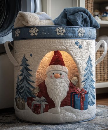 Santa Claus Quilted Laundry Hamper — Large Red & White Holiday Fabric Bin, Decorative Clothes Basket With Carry Handles, Foldable Storage