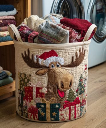 Santa Moose Holiday Quilted Hamper – Festive Collapsible Laundry Basket, Durable Washable Fabric, Fun Seasonal Storage & Gift Idea
