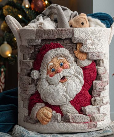 Festive Quilted Laundry Hamper – Santa Peek Design, Durable Foldable Storage Bin With Handles For Holiday Decor, Bedroom & Kids Rooms