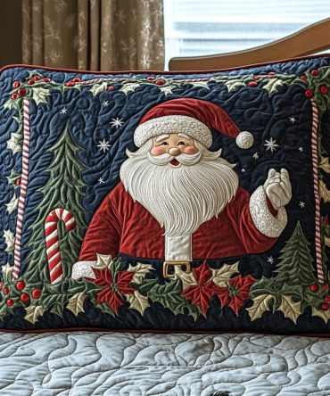 Santa Sleigh Adventure Quilted Holiday Pillow Cover — Merry Christmas Throw Pillow Case, Festive Santa & Sleigh Decorative Accent For Couch & Bed, Cotton Blend