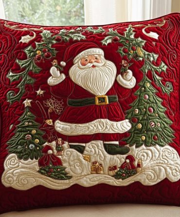 Santa Sleigh Ride Quilted Christmas Pillow Cover - Vintage Santa & Sleigh Illustration, Holiday Throw Pillowcase For Festive Decor