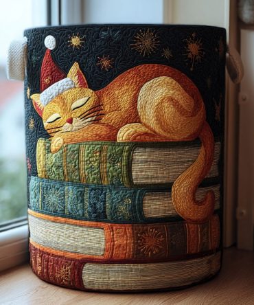 Santa Whiskers Quilted Laundry Hamper — Festive Cat & Santa-Print Storage Basket, Fold-Flat Holiday Organizer, Durable & Cute