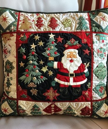 Santa Forest Quilted Pillow Cover — Woodland Christmas Throw Pillowcase, Festive Holiday Accent For Sofa & Mantel Decor