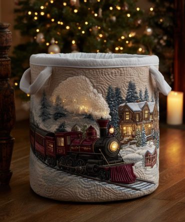Santa'S Locomotive Quilted Laundry Hamper — Festive Train Design, Collapsible Fabric Storage Basket For Holiday Cheer & Organization