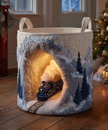 Festive Quilted Christmas Laundry Basket - Holiday Train Storage Hamper, Large Foldable Laundry Bin With Reinforced Handles