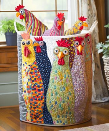 Sassy Hens Farmhouse Quilted Laundry Hamper - Fun Chicken Print Collapsible Fabric Basket With Handles & Lined Interior For Everyday Use