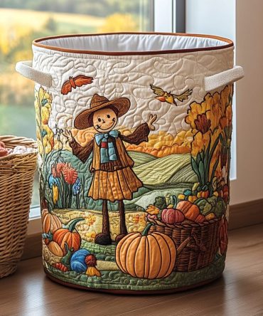 Scarecrow Garden Quilted Laundry Hamper — Autumn Farmhouse Fabric Basket, Collapsible & Decorative Storage For Laundry, Toys, Linens