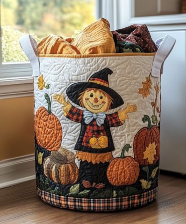 Scarecrow Patch Quilted Laundry Hamper - Autumn Foldable Fabric Basket With Handles , Rustic Durable Organizer For Home & Laundry