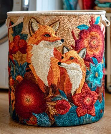 Scarlet Bloom Fox Quilted Laundry Hamper — Vibrant Red Fox & Floral Foldable Laundry Basket With Sturdy Handles For Stylish Storage