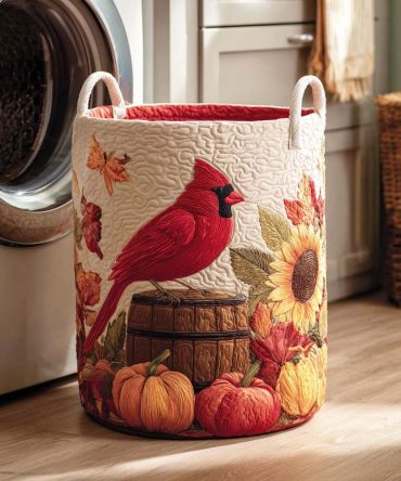 Scarlet Feather Quilted Laundry Hamper — Elegant Red Feather Quilted Laundry Basket With Soft Padding, Reinforced Base & Portable Handles