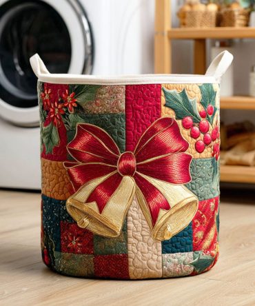 Scarlet Holiday Bow Quilted Laundry Hamper - Elegant Red Collapsible Fabric Basket, Lined & Durable For Christmas Decor And Gift Giving