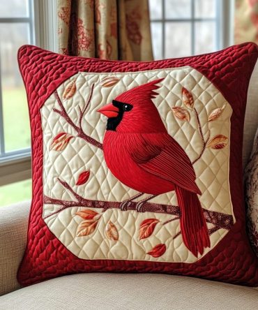 Scarlet Perch Quilted Pillow Cover — Vibrant Cardinal Accent Case For Festive Living Room Style, Soft Quilted Finish