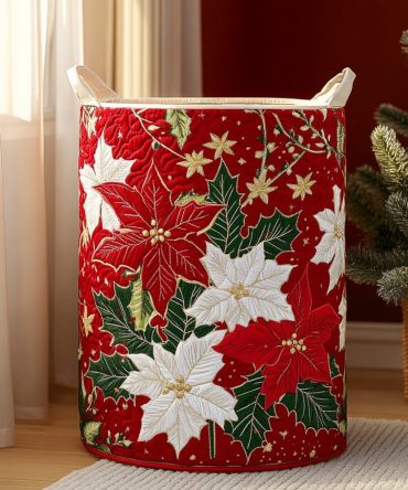 Scarlet Petal Quilted Laundry Hamper — Red Floral Decorative Storage Basket With Handles, Collapsible Design & Protective Liner For Home