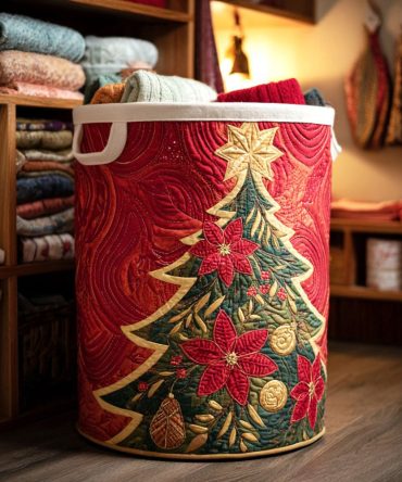 Scarlet Poinsettia Quilted Laundry Basket — Holiday Red Floral Hamper, Padded Fabric Storage Bin With Handles For Clothes & Gifts